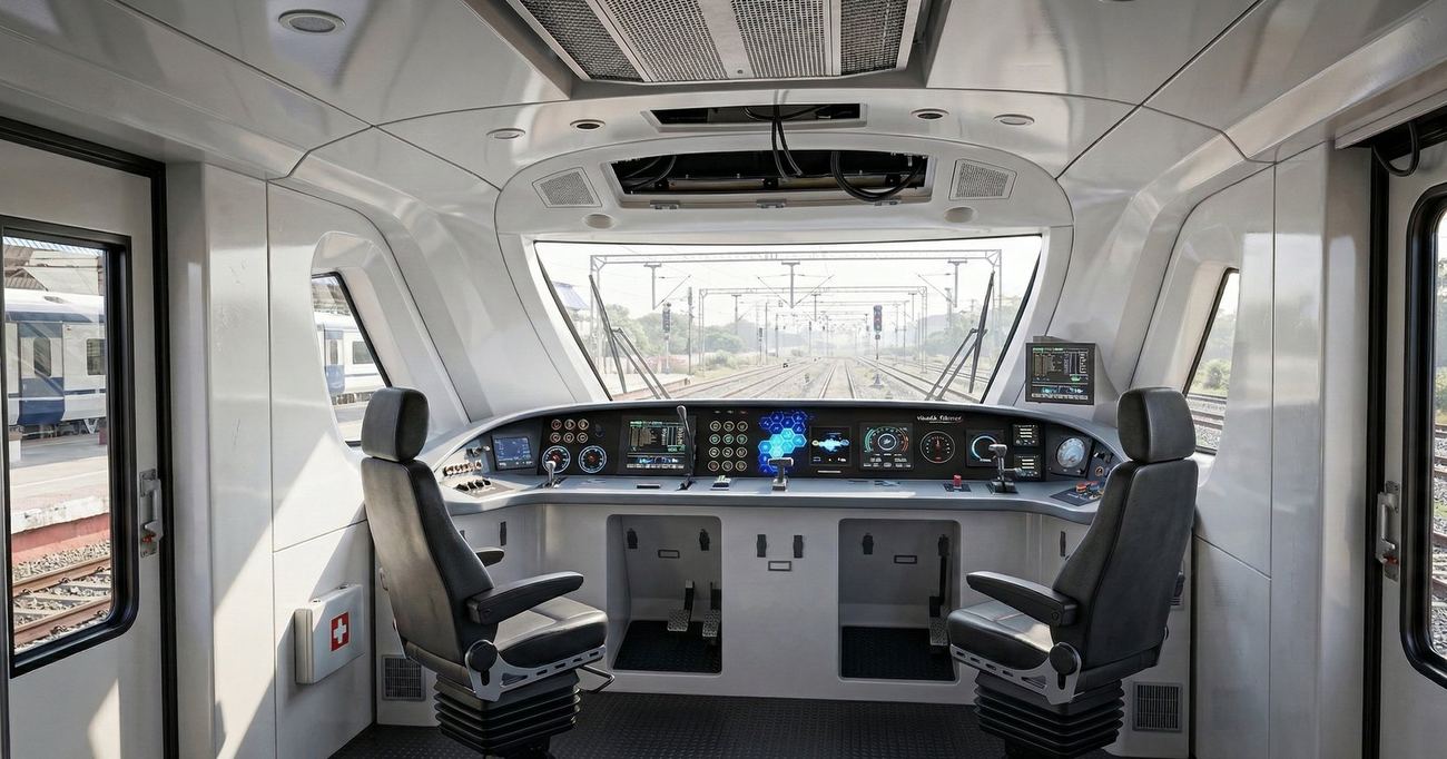 Finished cockpit interior, with dual driver consoles and integrated diagnostic displays.