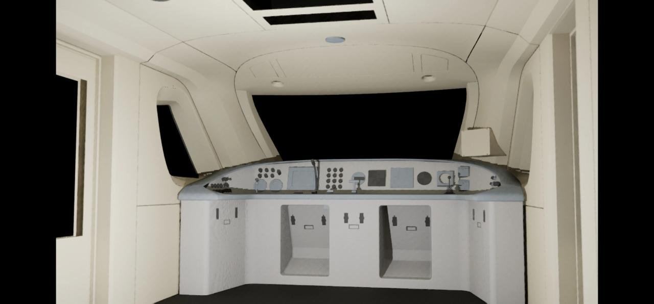 Early cockpit interior massing model, used to test ergonomics and sightlines before detailing began.